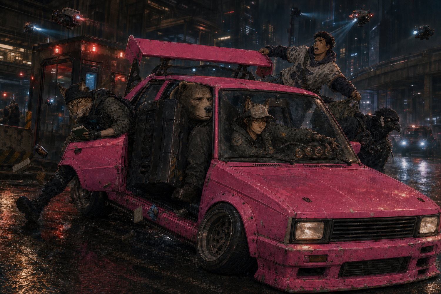 The crew piling into the pink hatchback mid-getaway, doors open, Grigor wedged in the back with the case, human-faced, wolf-eared Danka at the wheel, and Theo arriving last.