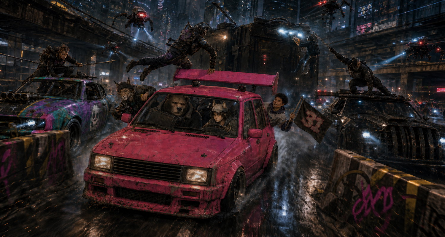Human-faced, wolf-eared Danka drives the hatchback into a Raid Race pack as rival crews leap between vehicles on a wet elevated roadway.