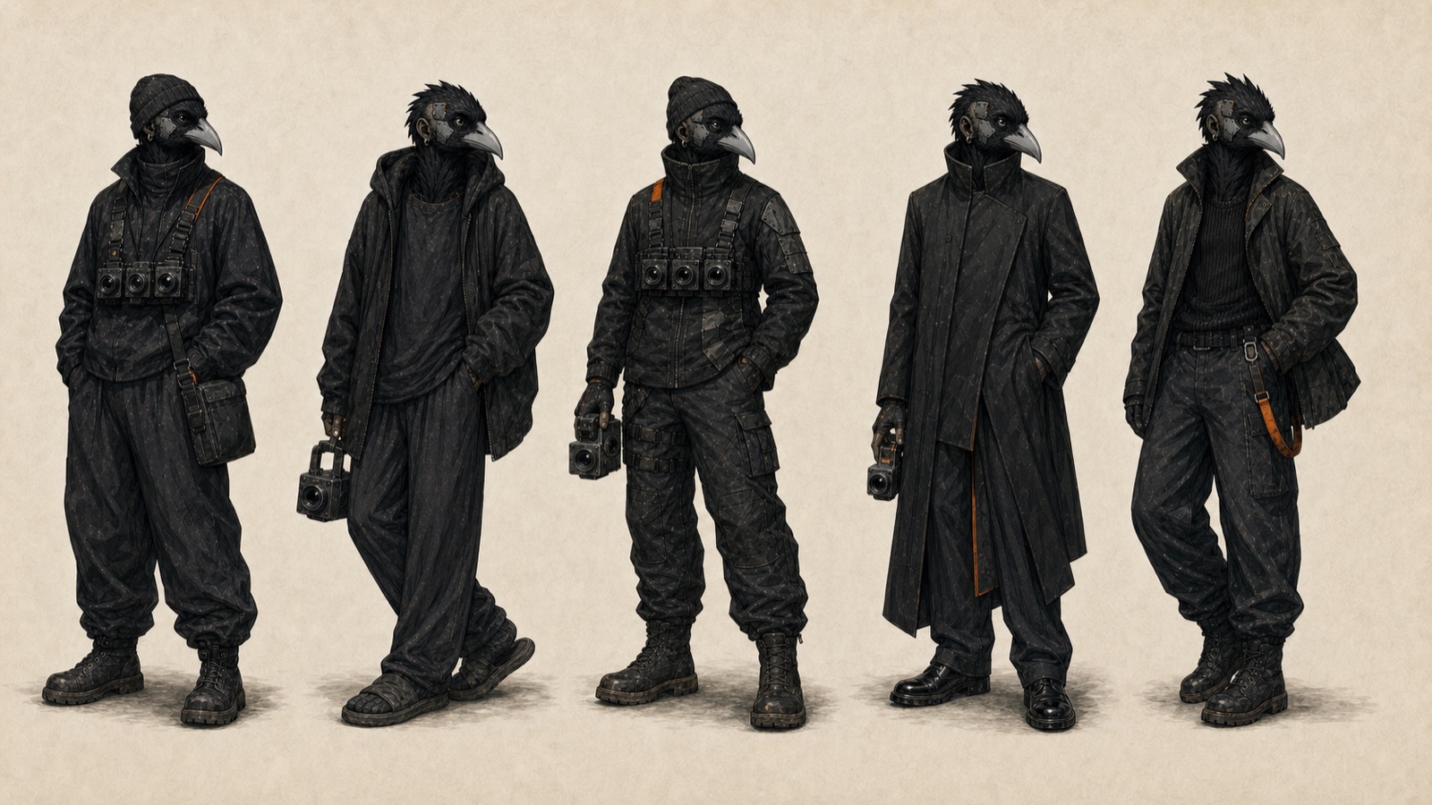 Theo Ashe across five fits: beanie and triple-camera chest rig, slouched hoodie, a taped-down tactical rig, a high-collared long coat with orange piping, and a jacket over a ribbed sweater. The raven head and spike silhouette hold in every fit; boots throughout.