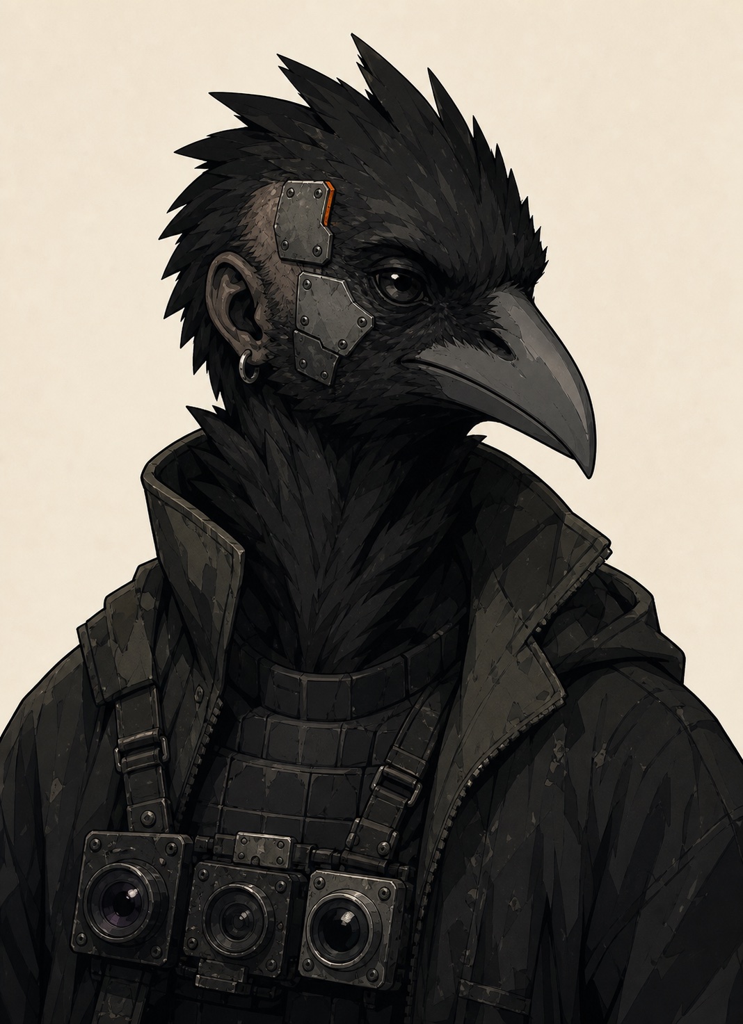 Theo Ashe: a fully forged raven-lineage operator, matte black feathering and an articulated grey beak, riveted augment plates at the brow and cheek, a lens rig harness strapped over a high-collared field coat.