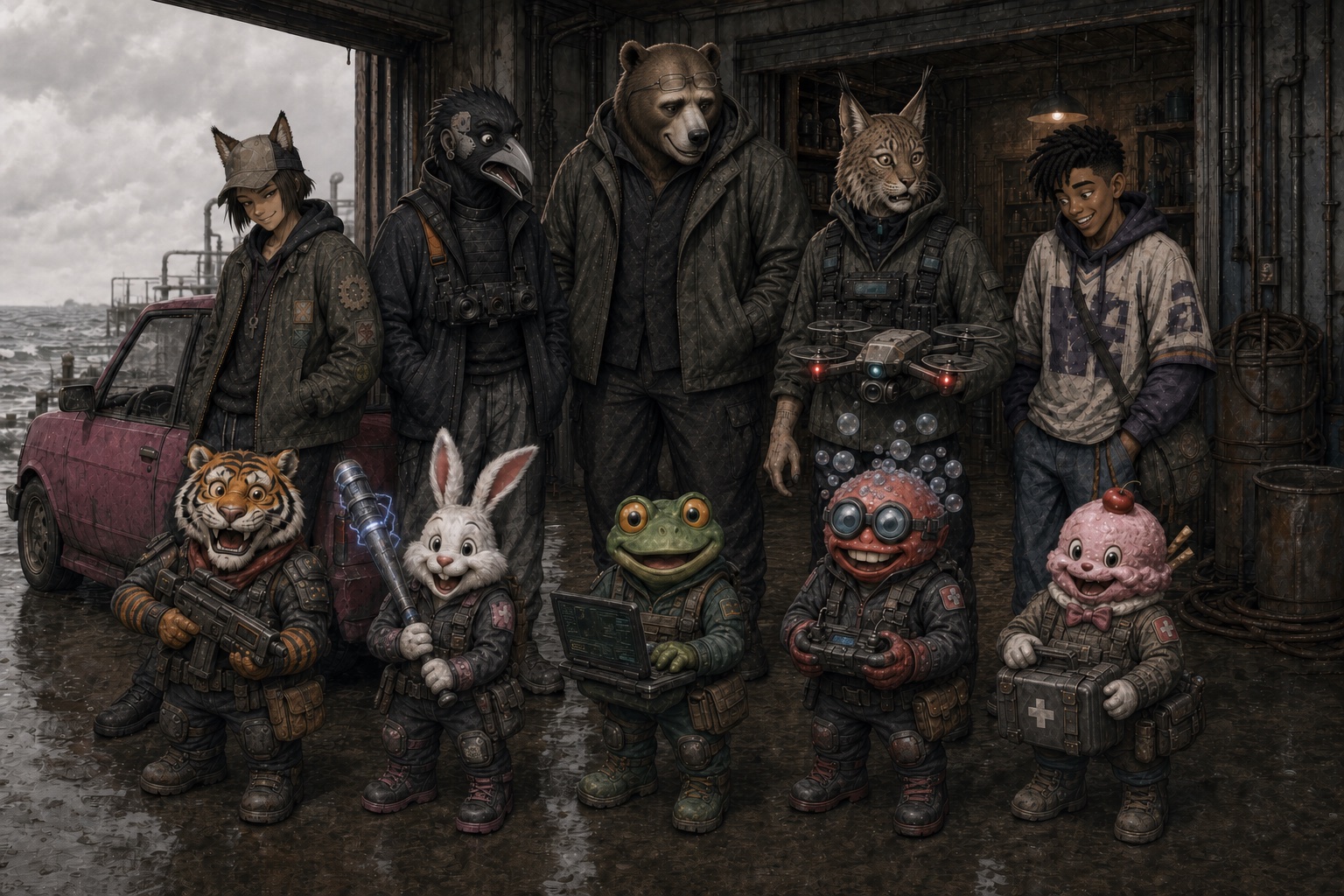 The Warranty Void crew standing in the garage with five boxed Impulse Stock units in front of them: Stripes with a rifle, a rabbit with a bat, a frog with a laptop, a goggled unit with a drone controller, and Topper with a first-aid case.