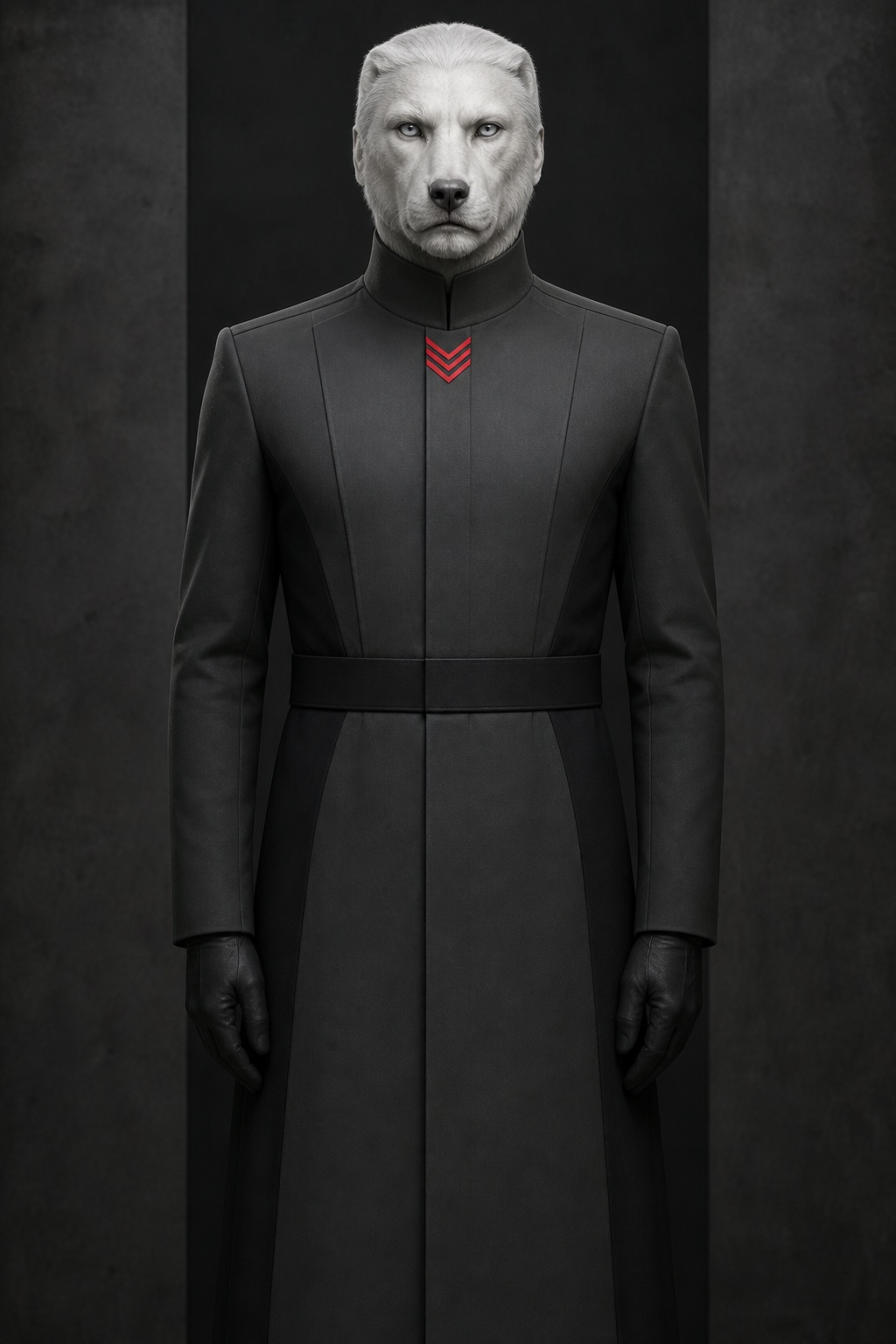 Commander Ilya Vroza: a frost-white wolf-lineage operator in the black Kavast regulation greatcoat, high collar closed, black gloves, a single red rank chevron at the throat, pale eyes level. Nothing on the uniform is personal.