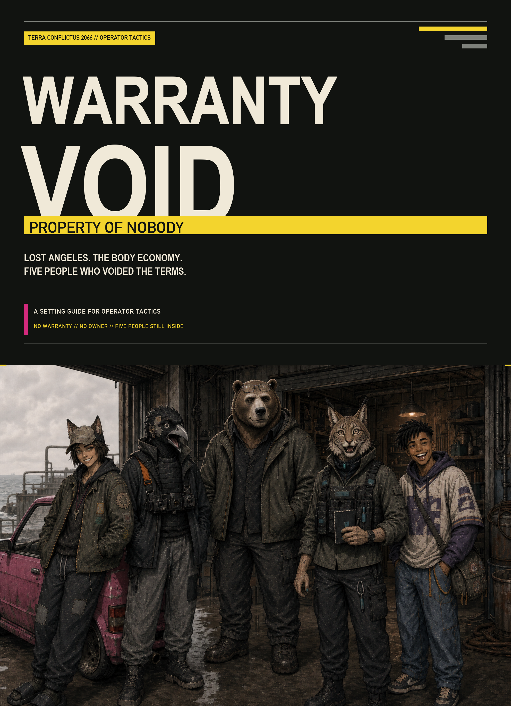 Cover of Warranty Void: Property of Nobody. Danka, Theo, Grigor, Cas, and Ozzy stand together in their waterfront garage.