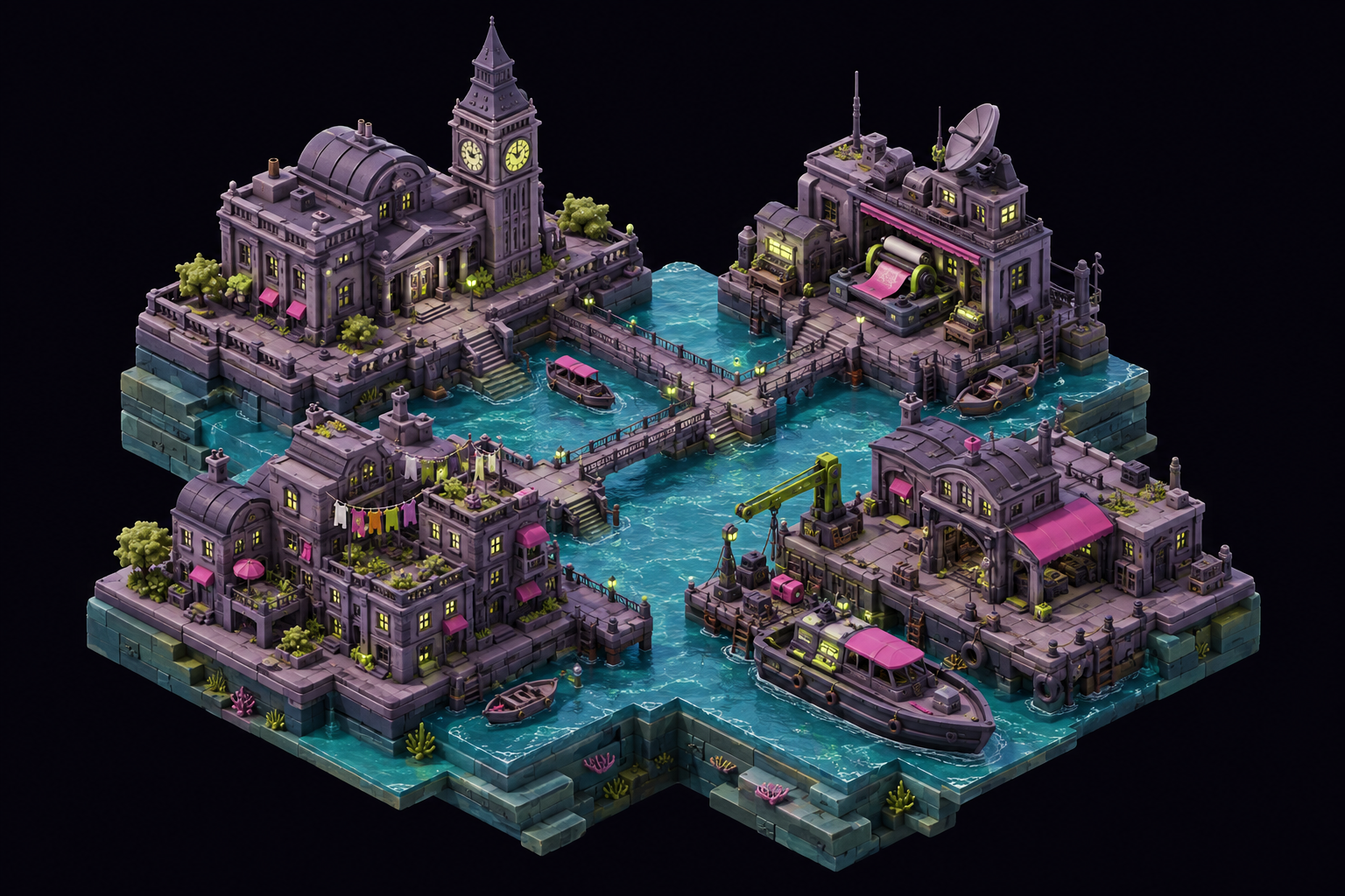 Flooded London as an isometric map: drowned districts, bridges and pink-lit rooftops
