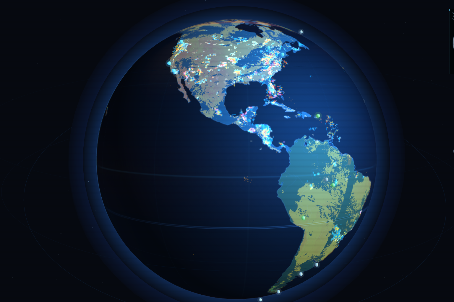 The atlas globe: Earth in 2066 with every theatre marked, seen from space