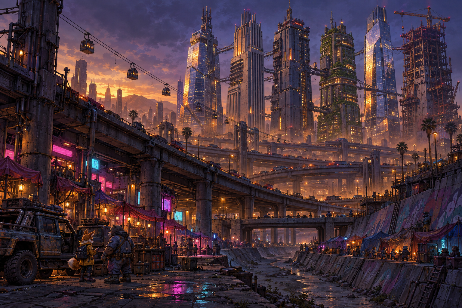 Lost Angeles at dusk: gene-forged operators beside a truck under the freeway stacks, cable cars and towers behind