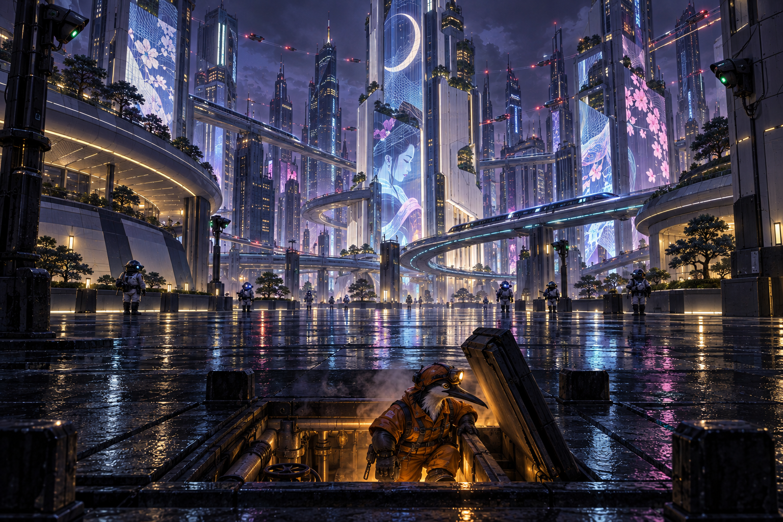 Neo-Tokyo: a gene-forged maintenance worker climbs out of a service hatch beneath glowing towers