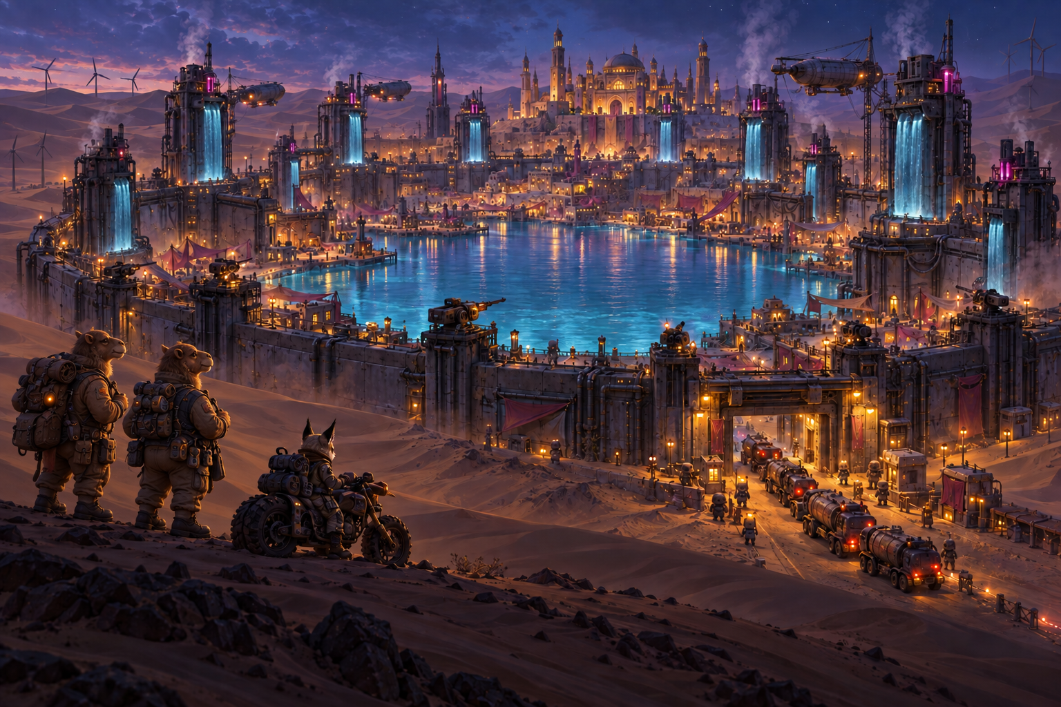 Saharan Oasis City: a walled desert city built around a turquoise reservoir, operators watching from the dunes