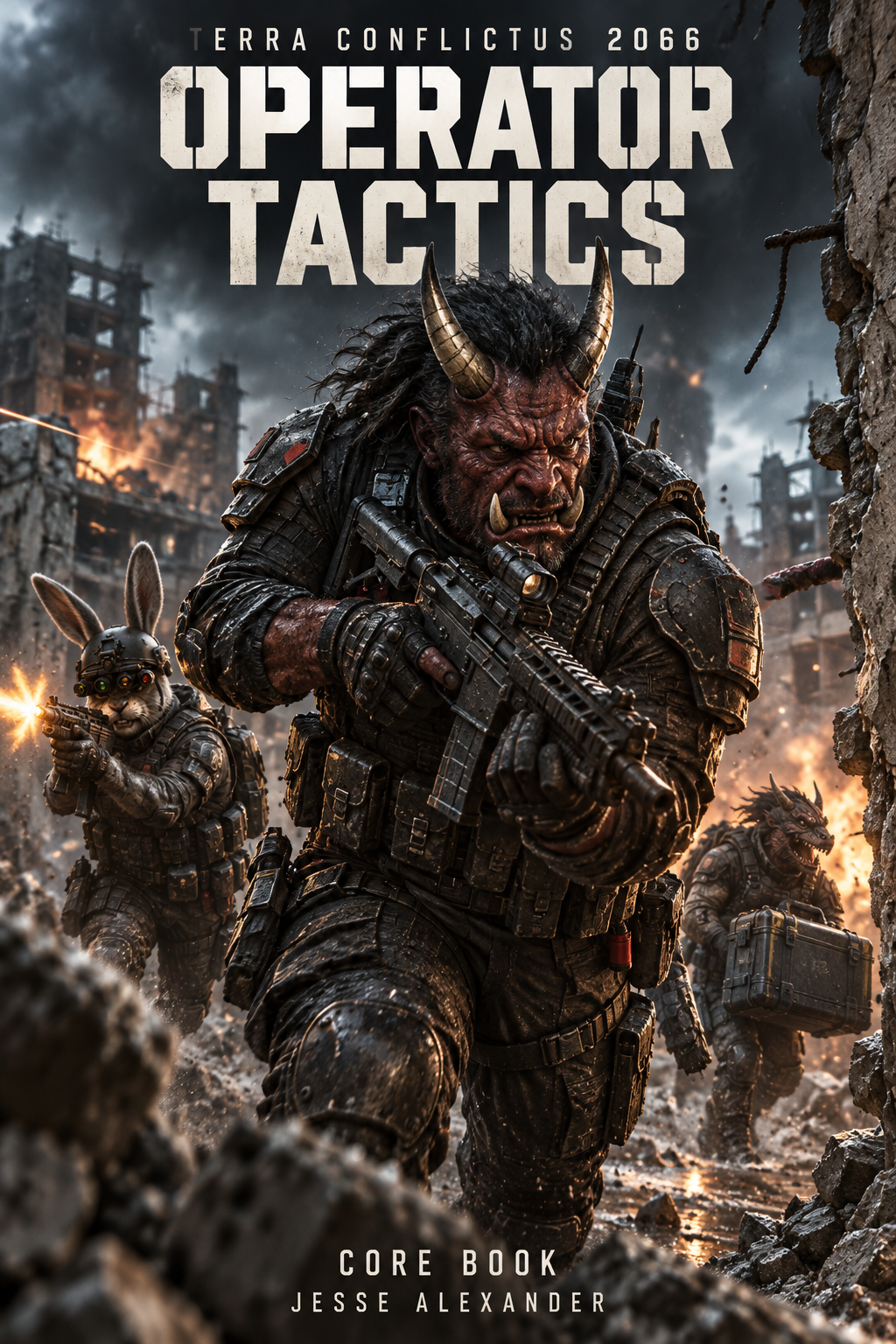 Operator Tactics core book cover: a horned gene-forged operator leads a squad through a ruined city