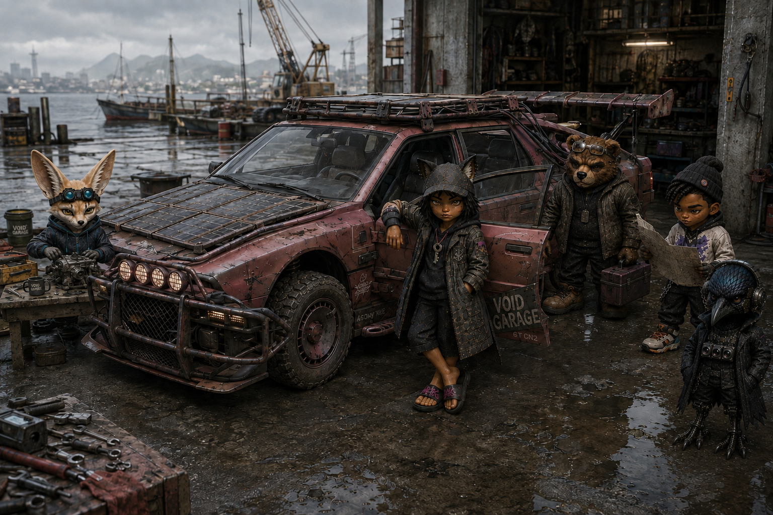Danka beside her open driver door with Cas, Grigor, Ozzy and Theo at the garage; Civilian is her rebuilt pink sedan.