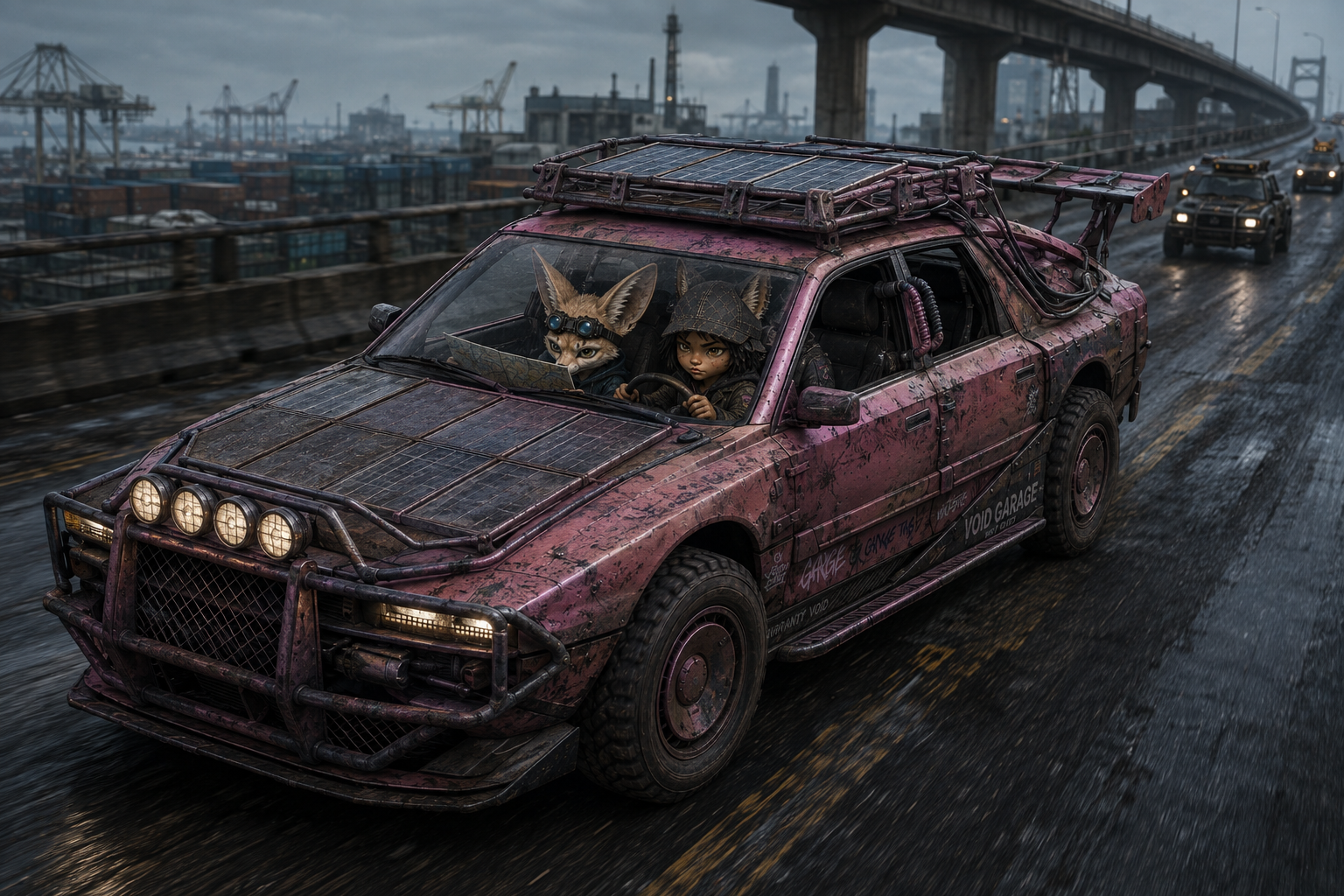 Danka drives her pink Civilian sedan along the Ring Road while Cas navigates from the passenger seat.