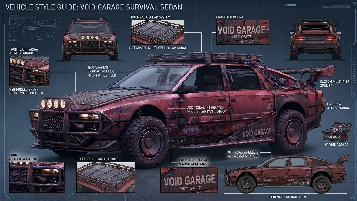 Civilian technical sheet: Danka’s pink sedan, clear windshield, hood and roof solar panels, reinforced brush guard, all-terrain tyres and multi-tier spoiler.