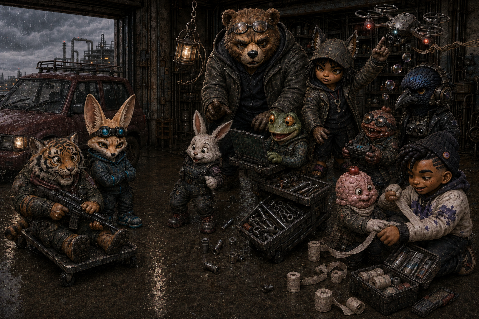 Five chibi crew members share their garage with five small impulse-stock people.