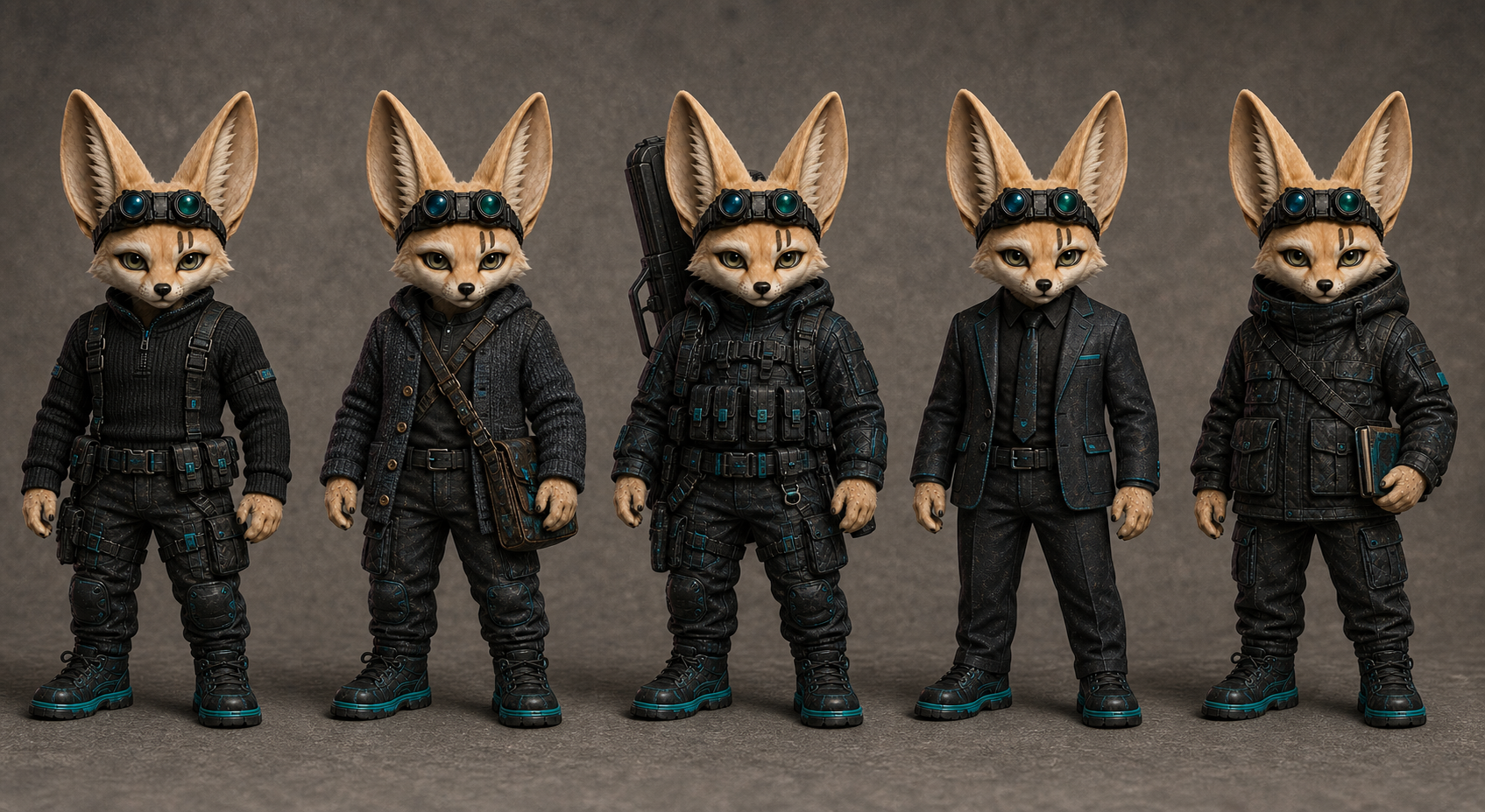 Cas: five wardrobe variations using the current Chibi-Punk character design.
