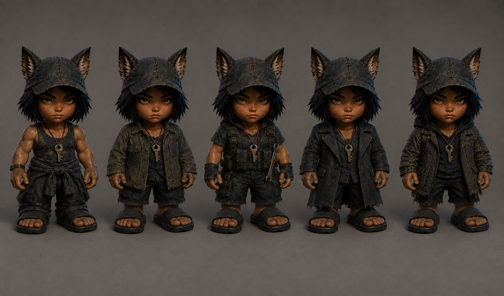 Danka: five wardrobe variations using the current Chibi-Punk character design.