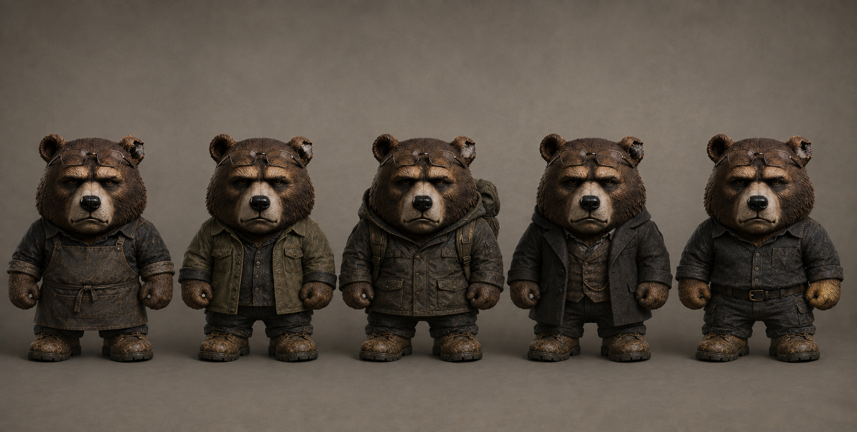 Grigor: five wardrobe variations using the current Chibi-Punk character design.