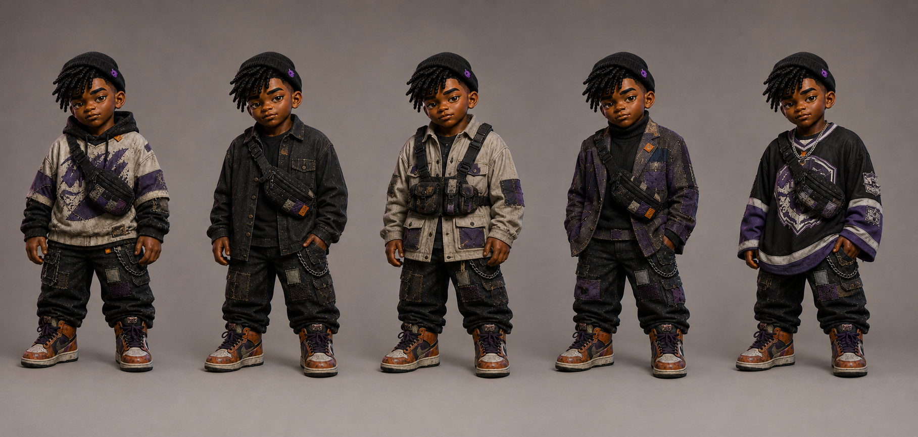 Ozzy: five wardrobe variations using the current Chibi-Punk character design.