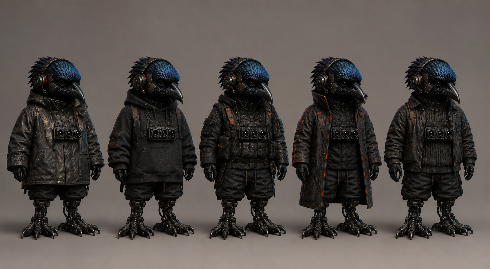 Theo: five wardrobe variations using the current Chibi-Punk character design.